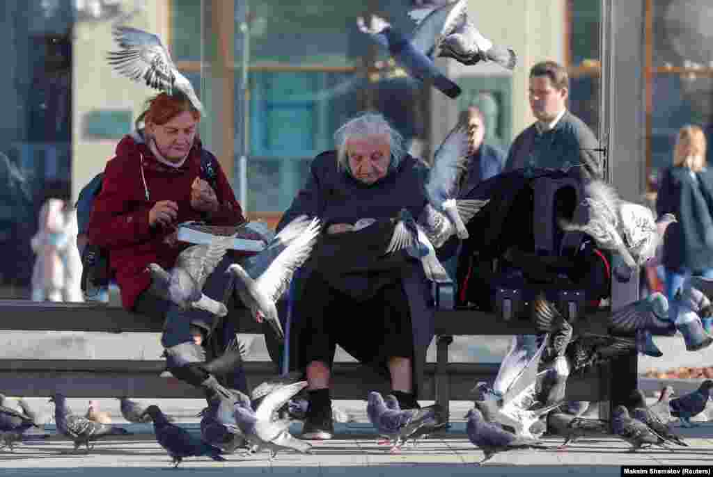 Elderly women feed pigeons at a bus stop in Moscow. (Reuters/Maxim Shemetov)