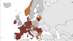 Карта на разпространението на коронавируса в Европа. С оранжево са означени държавите, където то е клъстерно, а с червено - дифузно