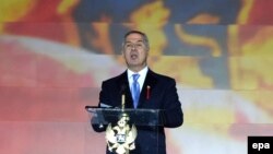 Then-Montenegrin Prime Minister Milo Djukanovic speaks during celebrations marking the country's 10th anniversary of its independence from Serbia, on Independence Square in Podgorica in May 2016.