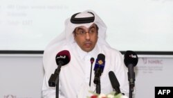 Ali bin Smaikh al-Marri, Chairman of Qatar's National Human Rights Committee gives a press conference in Doha, on June 8, 2017. - Marri said an ultimatum issued by Saudi Arabia and its allies for the emirate's citizens to leave is a violation of human rig