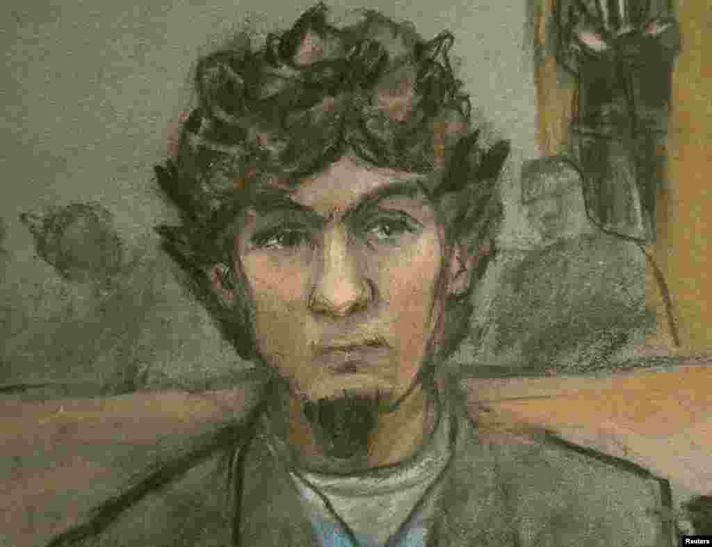 A courtroom sketch shows Dzhokhar Tsarnaev while his guilty verdict is being read at the federal courthouse in Boston, Massachusetts, on April 8, 2015.&nbsp;