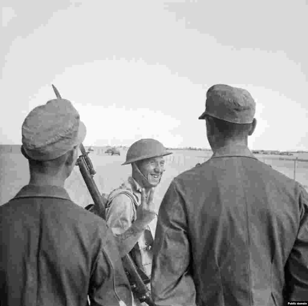 Британский солдат показывает знак победы пленным немецким солдатам. Премьер-министр Великобритании Уинстон Черчилль отпраздновал победу в парламенте. В своей речи перед законодателями он сказал: "Благодаря прекрасной системе камуфляжа мы достигли полного тактического превосходства в пустыне". 