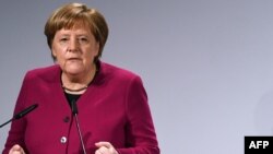 German Chancellor Angela Merkel speaks during the 55th Munich Security Conference in Munich on February 16.