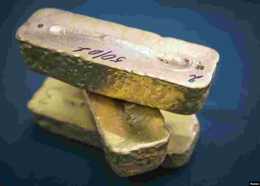 Gold alloy bars are seen at Altyntau gold mine extraction factory outside the northern town of Kokshetau in northern Kazakhstan.