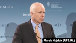 Belgium -- United States Senator John McCain speaking at the press conference of the German Marshall Fund's Brussels Forum, Brussels, March 25, 2017