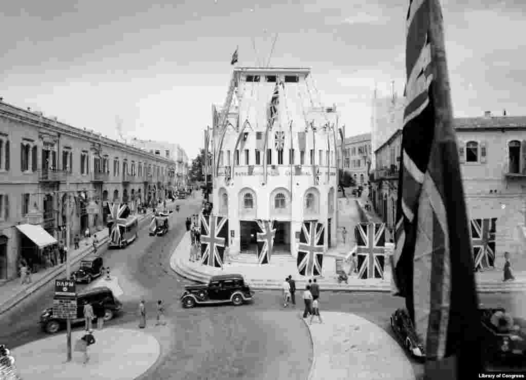 Union Jack flags hung on the streets of Jerusalem on May 9, 1945. Israel &ndash; a country founded soon after the end of the war -- celebrates VE day on May 9, reportedly because of the large number of emigrants from the former Soviet Union.