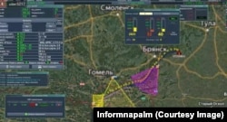 Білорусь: скриншот екрана російського оператора безпілотника, на якому видно маршрут, спланований із території Росії вздовж білоруського прикордоння. Також на ньому видно два невідомі об’єкти, розташовані поблизу Гомеля та Комарина. Скриншот Informnapalm