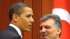 Turkish President Abdullah Gul (right) and U.S. President Barack Obama talk to reporters in Ankara on April 6.