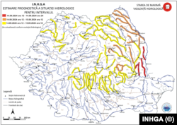 Harta avertizărilor hidrologice emise sâmbătă, la ora 11, de Institutul Național de Hidrologie și Gospodărire a Apelor. Sursa foto: Institutul Național de Hidrologie și Gospodărire a Apelor