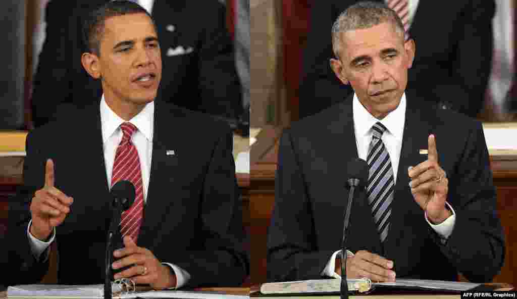 US President Barack Obama in 2009 (left) and 2016.&nbsp;