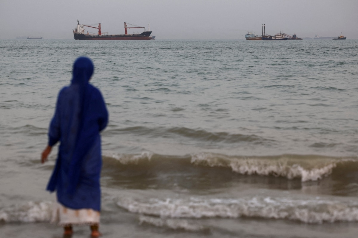Vessels in the Strait of Hormuz are seen near the beach of Bandar Abbas on May 22, 2026.