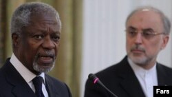 Kofi Annan (left), an envoy for the United Nations and the Arab League on Syria, attends a news conference with Iranian Foreign Minister Ali Akbar Salehi after a meeting with senior Iranian officials on July 10.