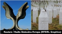 Kameni cvet - monumentalni spomenik posvećen svim žrtvama koje su stradale u sabirnom logoru Jasenovac tokom Drugog svetskog rata (levo), i nišani u Memorijalnom centru Srebrenica - Potočari koji su podignuti žrtvama genocida u Srebrenici u julu 1995 (desno).