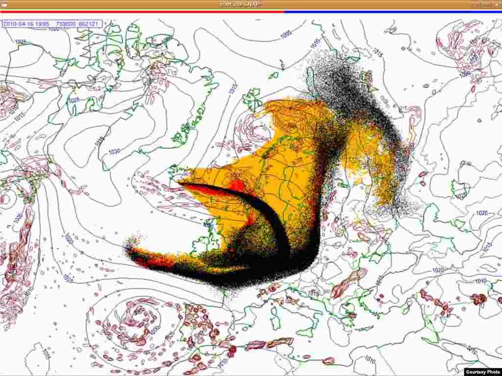 Проектирано движење на исландскиот облак од пепел (16.4. 1900 UTC) - Овие слики покажуваат проекција на движењето на облаците пепел од вулканска ерупција на Исланд низ Европа. Боите на сајтот претставуваат: жолто: пепел што ќе падне сам по себе црвено: пепел што ќе падне од врнежи црна: вистинскиот облак со пепел облак Извор: Норвешки Метеоролошки Институт
