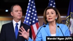 U.S. -- House Speaker Nancy Pelosi and House Intelligence Committee Chair Adam Schiff, D-CA, speak during a press conference in the House Studio of the US Capitol in Washington, October 2, 2019