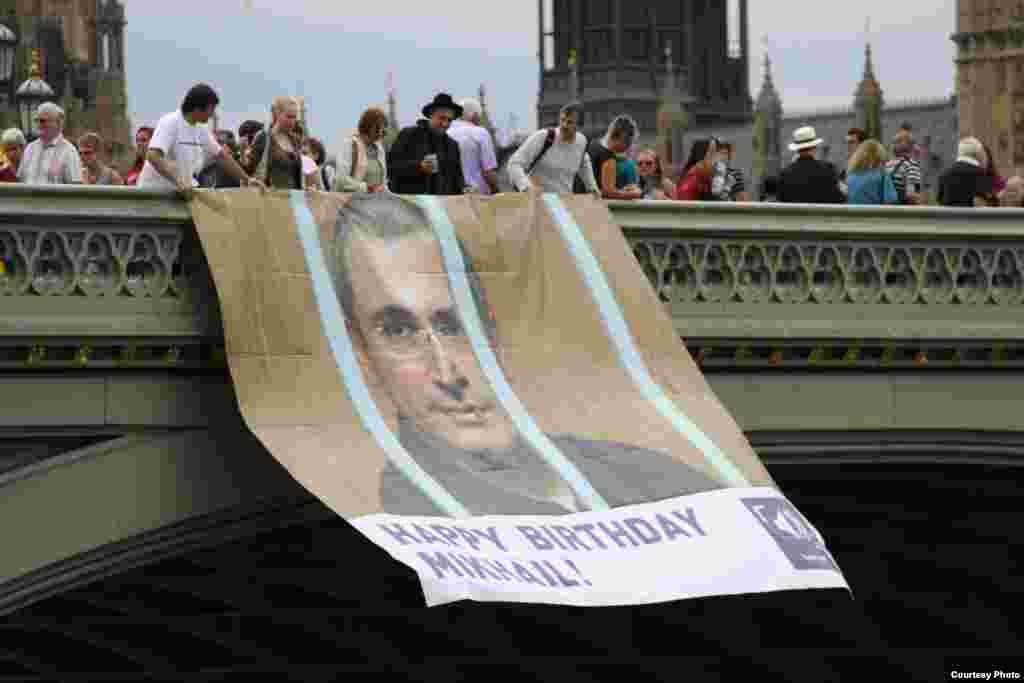 Activists in London send a birthday message to Khodorkovsky in 2012. On June 26, 2013, he celebrated his 50th birthday in a remote prison colony near the Arctic Circle.