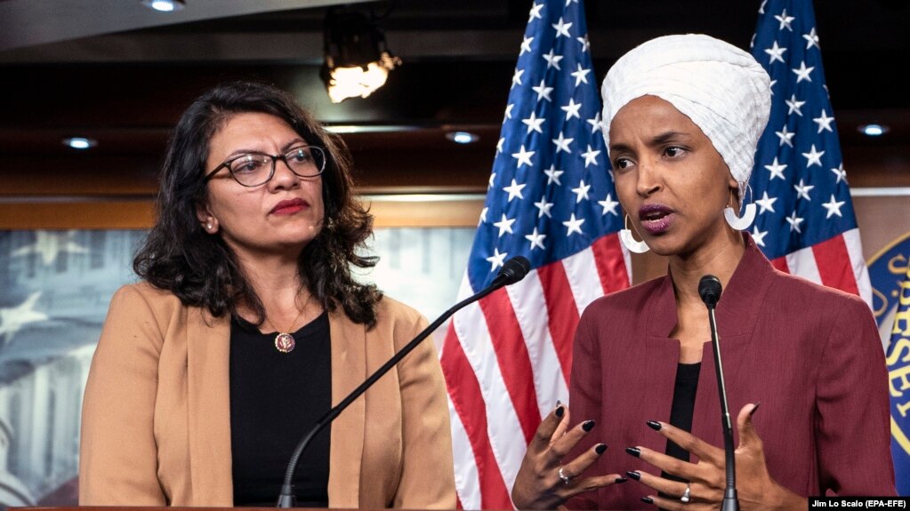 Democratic Representatives Ilhan Omar (R) and Rashida Tlaib speak about President Trump's Twitter attacks against them at the U.S. Capitol in Washington, July 15, 2019