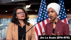 Democratic Representatives Ilhan Omar (R) and Rashida Tlaib speak about President Trump's Twitter attacks against them at the U.S. Capitol in Washington, July 15, 2019