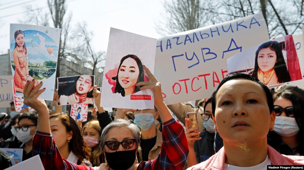 Protesters rally in front of Interior Ministry in Bishkek in April after the killing of Aizada Kanatbekova over the alleged lack of action by the police.