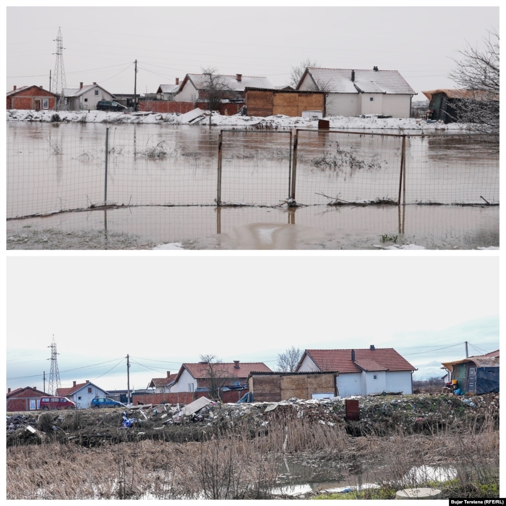 Uji përmbyti shtëpi të tëra në Kuzmin siç shihet në fotografinë lart në fillim të janarit. Fotografia poshtë tregon gjendjen pas largimit të ujit.Rizahi tha për REL-in se Komuna e Fushë Kosovës po e bën vlerësimin e dëmeve nga vërshimet e fundit.