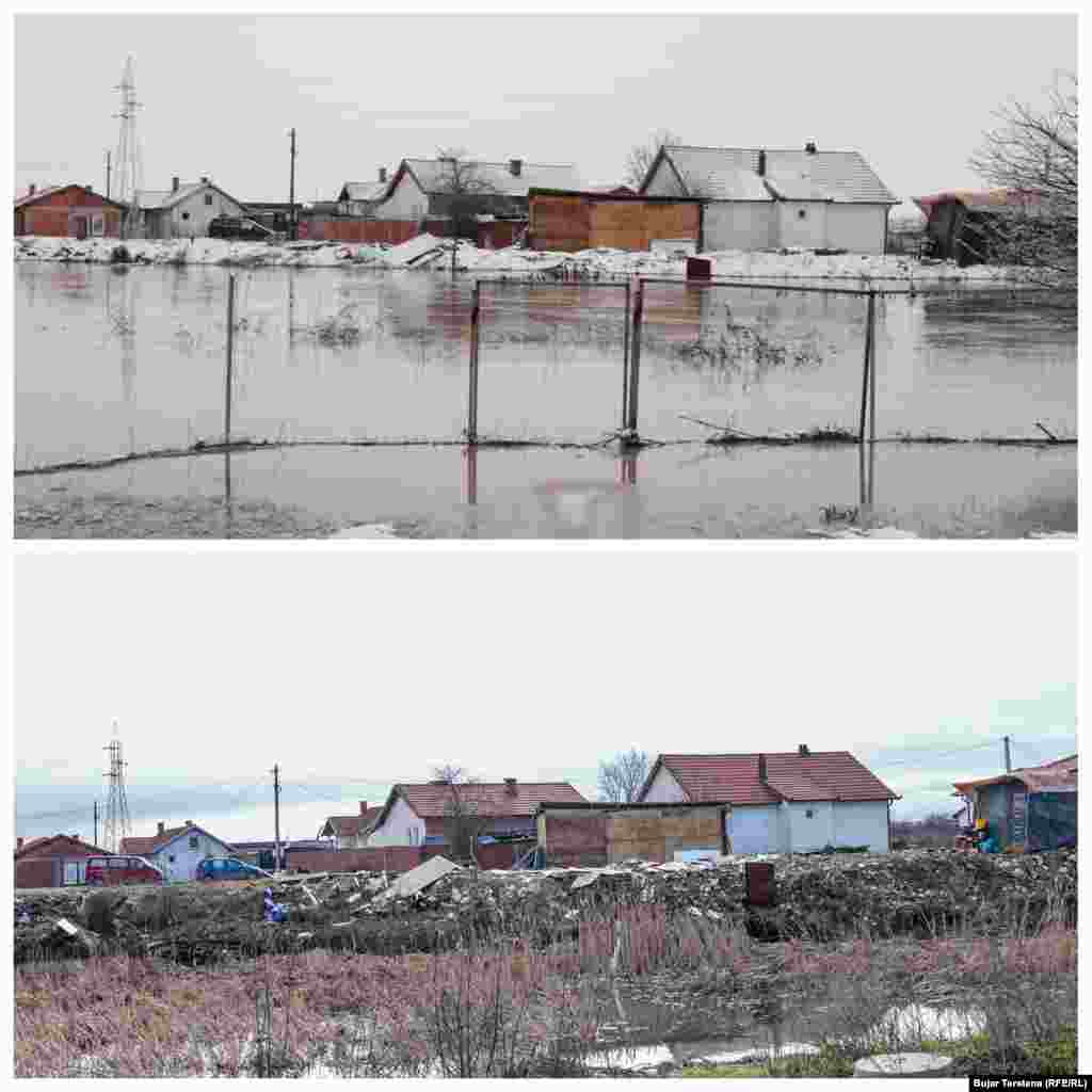 Uji përmbyti shtëpi të tëra në Kuzmin siç shihet në fotografinë lart në fillim të janarit. Fotografia poshtë tregon gjendjen pas largimit të ujit.Rizahi tha për REL-in se Komuna e Fushë Kosovës po e bën vlerësimin e dëmeve nga vërshimet e fundit.