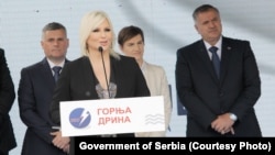 Serbia's deputy prime minister and minister of mining and energy, Zorana Mihajlovic, speaks at the laying of the foundation stone for the construction of the Buk Bijela hydroelectric power plant on May 17.