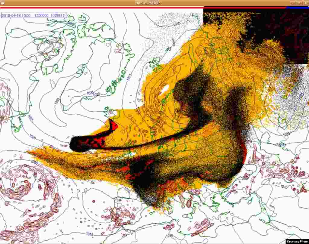 Проектирано движење на исландскиот облак од пепел(18.4. 1000 UTC) - Овие слики покажуваат проекција на движењето на облаците пепел од вулканска ерупција на Исланд низ Европа. Боите на сајтот претставуваат: жолто: пепел што ќе падне сам по себе црвено: пепел што ќе падне од врнежи црна: вистинскиот облак со пепел облак Извор: Норвешки Метеоролошки Институт