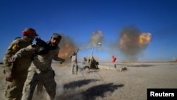 Shi'ite fighters fire artillery toward Islamic State militants during a battle on the outskirt of Tal Afar, west of Mosul, on November 18.