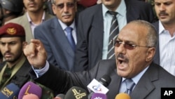 Yemeni President Ali Abdullah Saleh delivers a speech to his supporters at a rally in Sanaa on May 20.