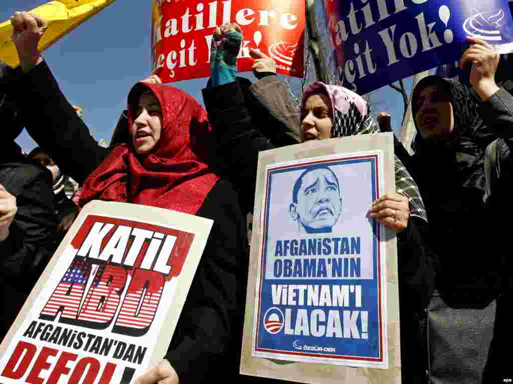 In Istanbul on April 4, Turkish women protest U.S. policies in Afghanistan and Iraq. - Obama's planned final stop was Turkey, where he was expected to seek Ankara's support in his drive to explore diplomatic solutions to ease regional tensions and promote East-West dialogue.