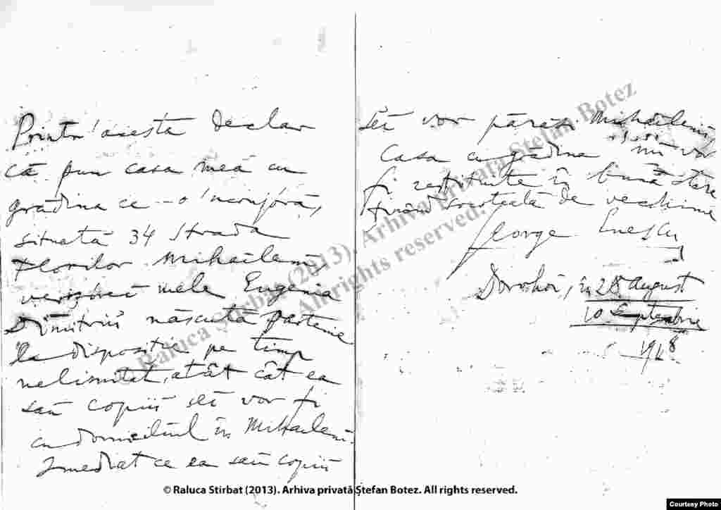 Document ce atestă calitatea de proprietar a lui George Enescu la Mihăileni.