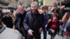 Protest leader Zara Saralidze arrives outside the old parliament building Tbilisi on June 4 for a meeting with Prime Minister Giorgi Kvirikashvili.