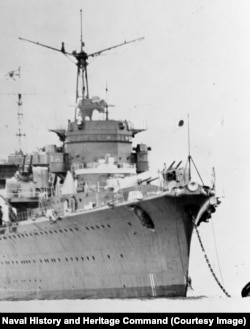 The Japanese warship Mizuho shown with the imperial emblem on its bow in the 1939