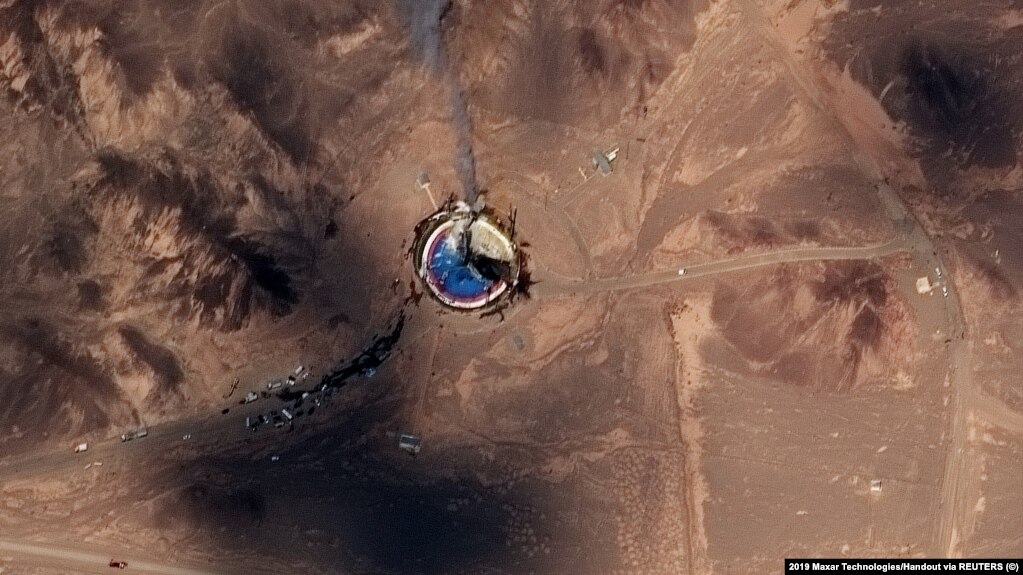 A satellite shows what is described as a burning launch pad in Iran on August 29.