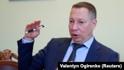 UKRAINE -- Kyrylo Shevchenko, Ukraine's Central Bank Governor, speaks during an interview with Reuters in Kyiv, February 1, 2021