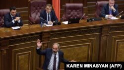 ARMENIA -- Armenian opposition leader and the only candidate for the post of prime minister Nikol Pashinian speaks during the extraordinary session of parliament to elect a new prime minister in Yerevan on May 1, 2018