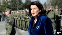 Kosovar President Atifete Jahjaga inspecting the Kosovo Security Force (KSF) during a ceremony in Pristina in March