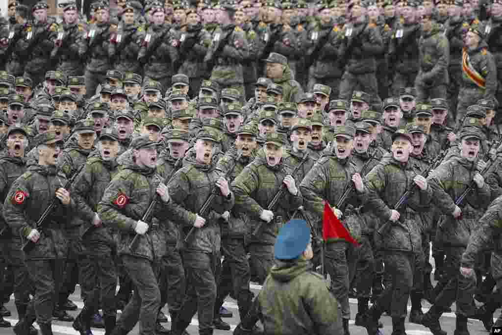 Russian troops in St. Petersburg march during a rehearsal for a Victory Day military parade, which will take place on May 9 to celebrate 80 years since the victory in World War II.