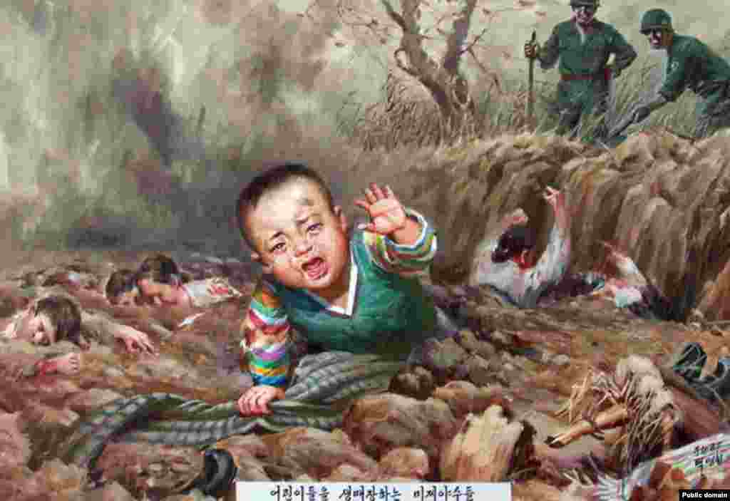 The North Korean regime justified the race toward military might by portraying (through propaganda like this painting) a brutish America as a lurking threat.