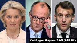 Очільниця Єврокомісії Урсула фон дер Ляєн, канцлер Німеччини Фрідріх Мерц, президент Франції Емманюель Макрон (зліва направо). Комбо з окремих світлин