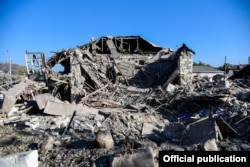 A building damaged by recent shelling in Nagorno-Karabkah's main city of Stepanakert on October 17.