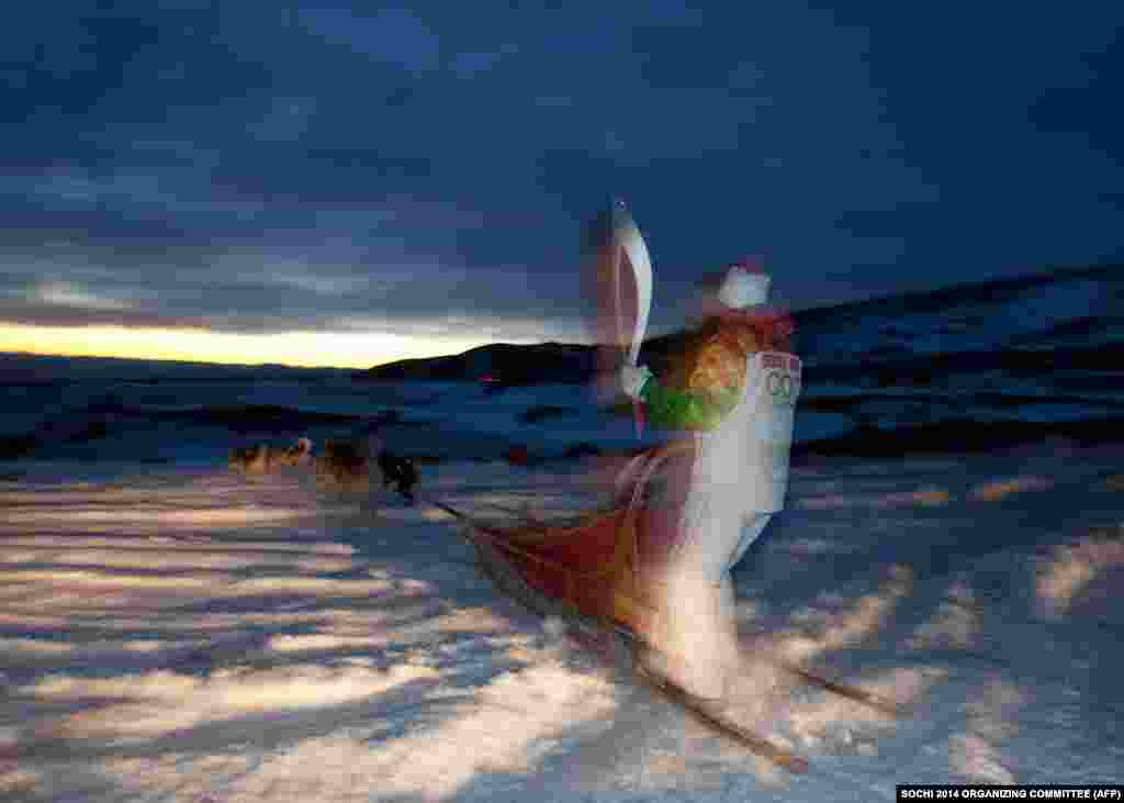 An Olympic torch-bearer rides atop a dog sled on Russia&#39;s Pacific Kamchatka peninsula on November 12. (AFP/Sochi 2014 Organizing Committee)