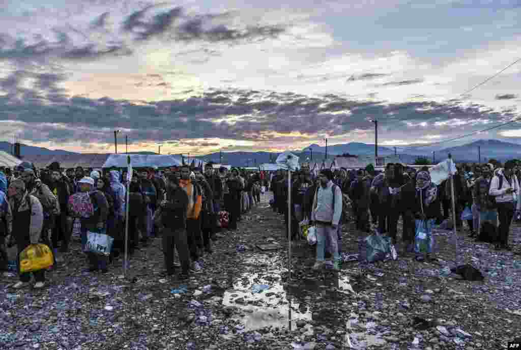 Migrants and refugees wait to board a train near Gevgelija in southern Macedonia after crossing the Greek-Macedonian border. (AFP/Armend Nimani)