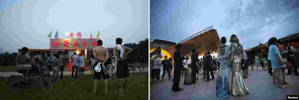 Residents of a migrant workers&#39; quarter in Beijing watch a travelling circus. On the right, attendees wait for a fashion show at the Ming Dynasty City Wall Relics Park in Beijing.