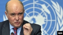 Switzerland -- Russian Deputy Foreign Minister Grigory Karasin answers questions after a press conference after the ninth session of the Caucasus talks to settle the Russia-Georgia conflict at the European headquarters of the UN in Geneva,