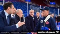 Russian President Vladimir Putin and Aleksandr Lukashenko of Belarus visit SKA-Arena stadium in St. Petersburg in January 2024. Gavriil Frolov is fifth from left, behind Lukashenko. 