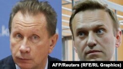 A combo photo shows Russian opposition leader Aleksei Navalny (right) and Viktor Zolotov, the head of Russia’s National Guard.