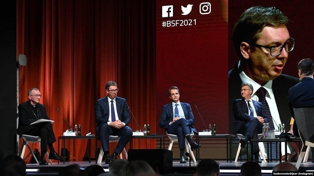 Predsednik Srbije Aleksandar Vučić (drugi s leve strane) prilikom obraćanja na Bledskom strateškom forumu 1. septembra