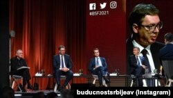 Predsednik Srbije Aleksandar Vučić (drugi s leve strane) prilikom obraćanja na Bledskom strateškom forumu 1. septembra