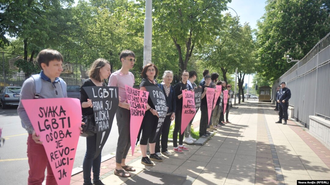 Serbian activists protesting against the alleged abuse of gay men in Chechnya in front of the Russian embassy in Belgrade 